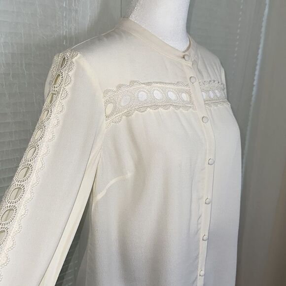 Boden 4P Ivory Yoke Collar Button Front Lace Eyelet Inset Long Sleeve Blouse - Picture 9 of 16